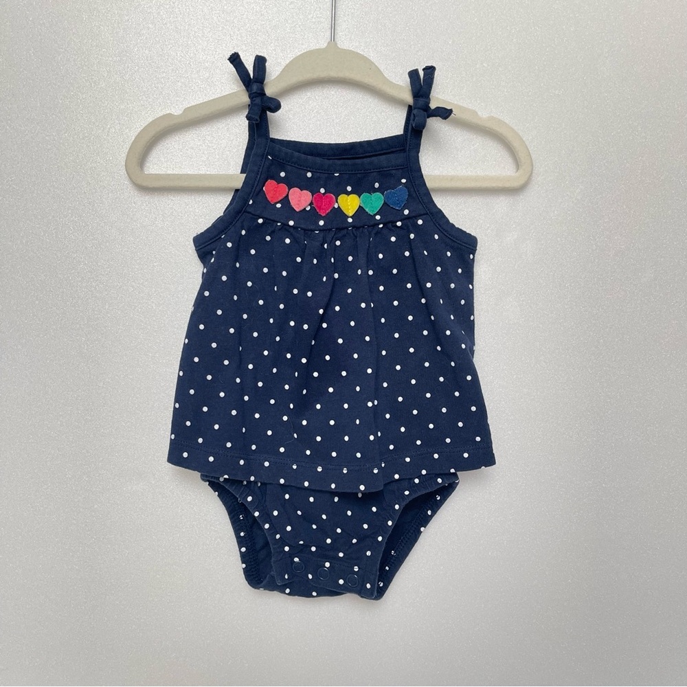 Navy Polka Dot Baby Onesie Romper Dress with Rainbow Heart Accents size 3M